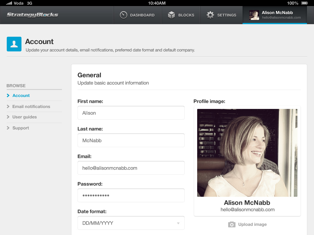 StrategyBlocks iPad app account settings