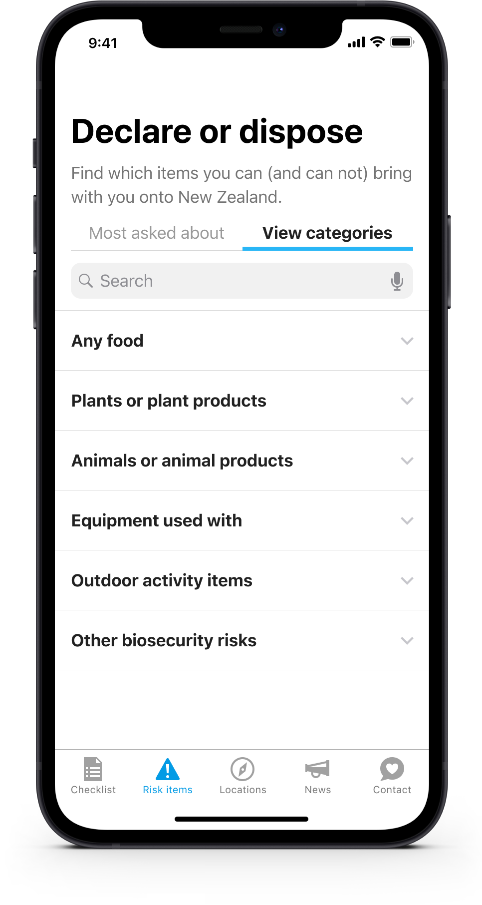 Coming to New Zealand risk items view categories