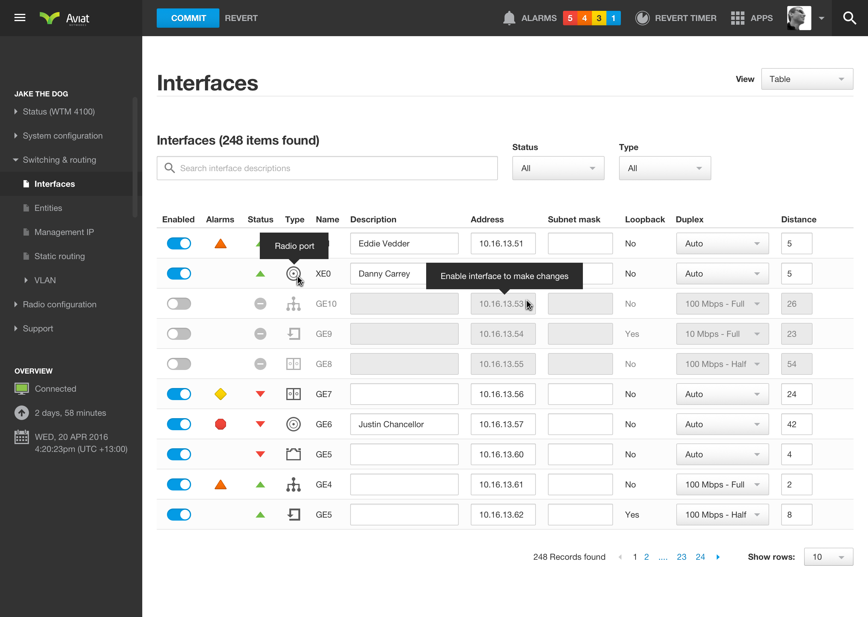 Networking dashboard interfaces