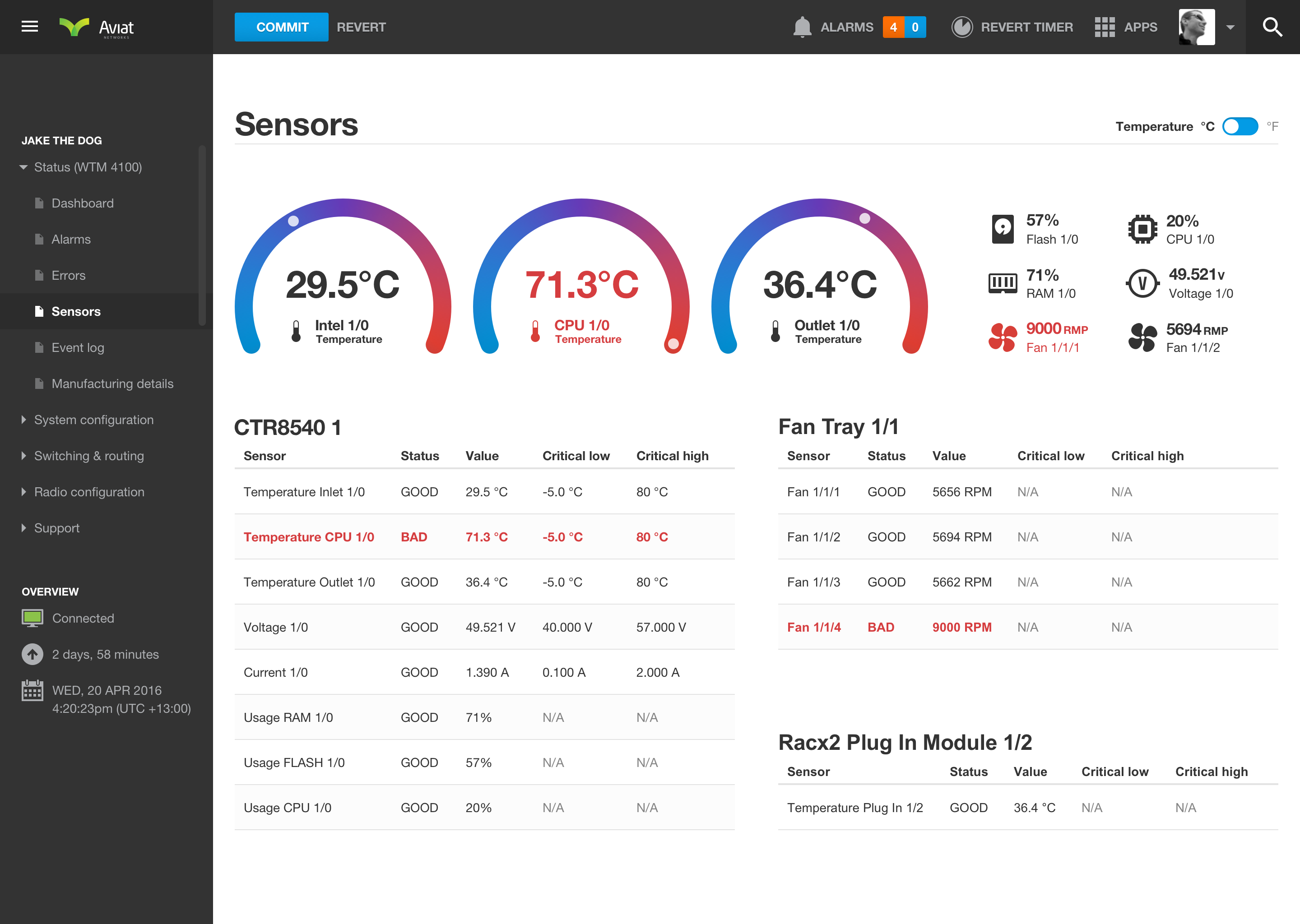 Networking dashboard sensors