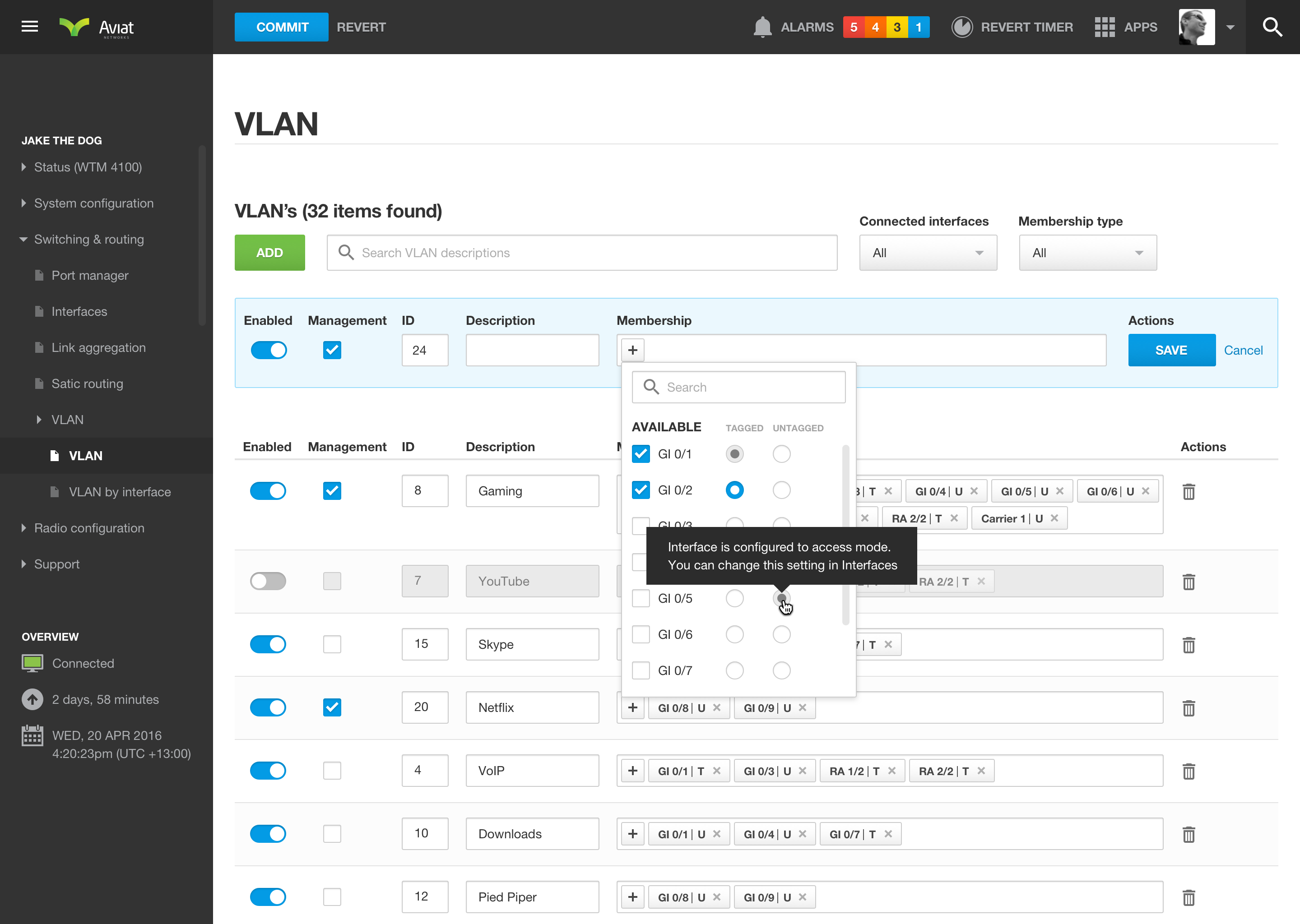 Networking dashboard VLAN