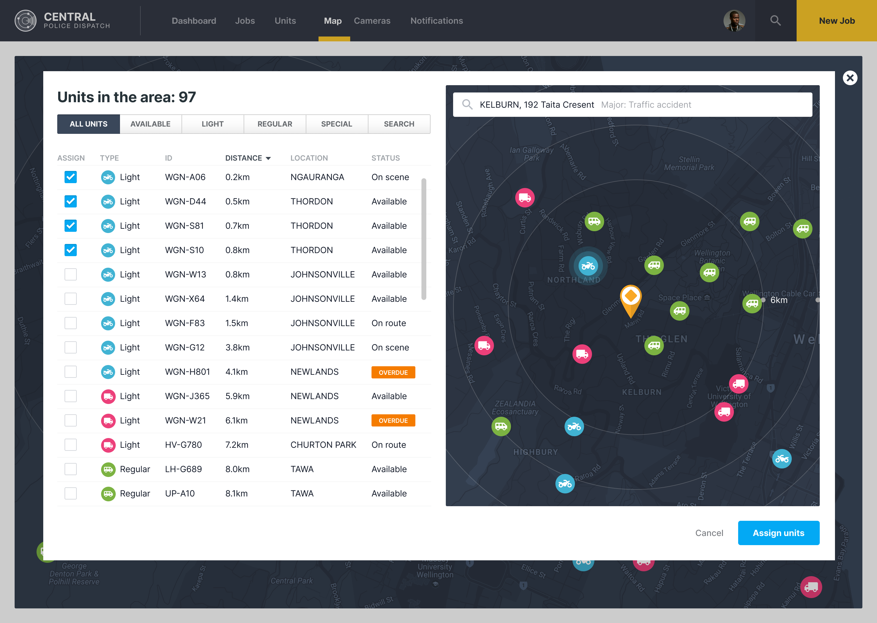 Police dispatch map assign units