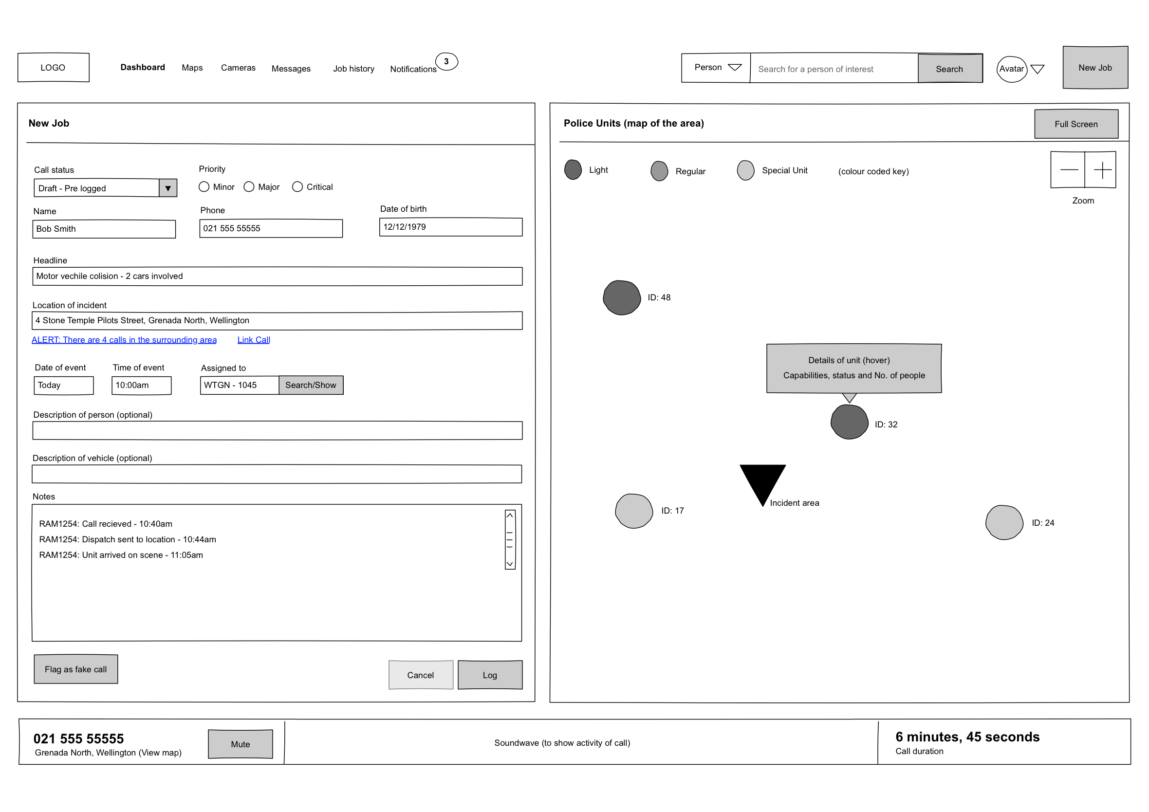 Police Dispatch dashboard wireframe call-taking