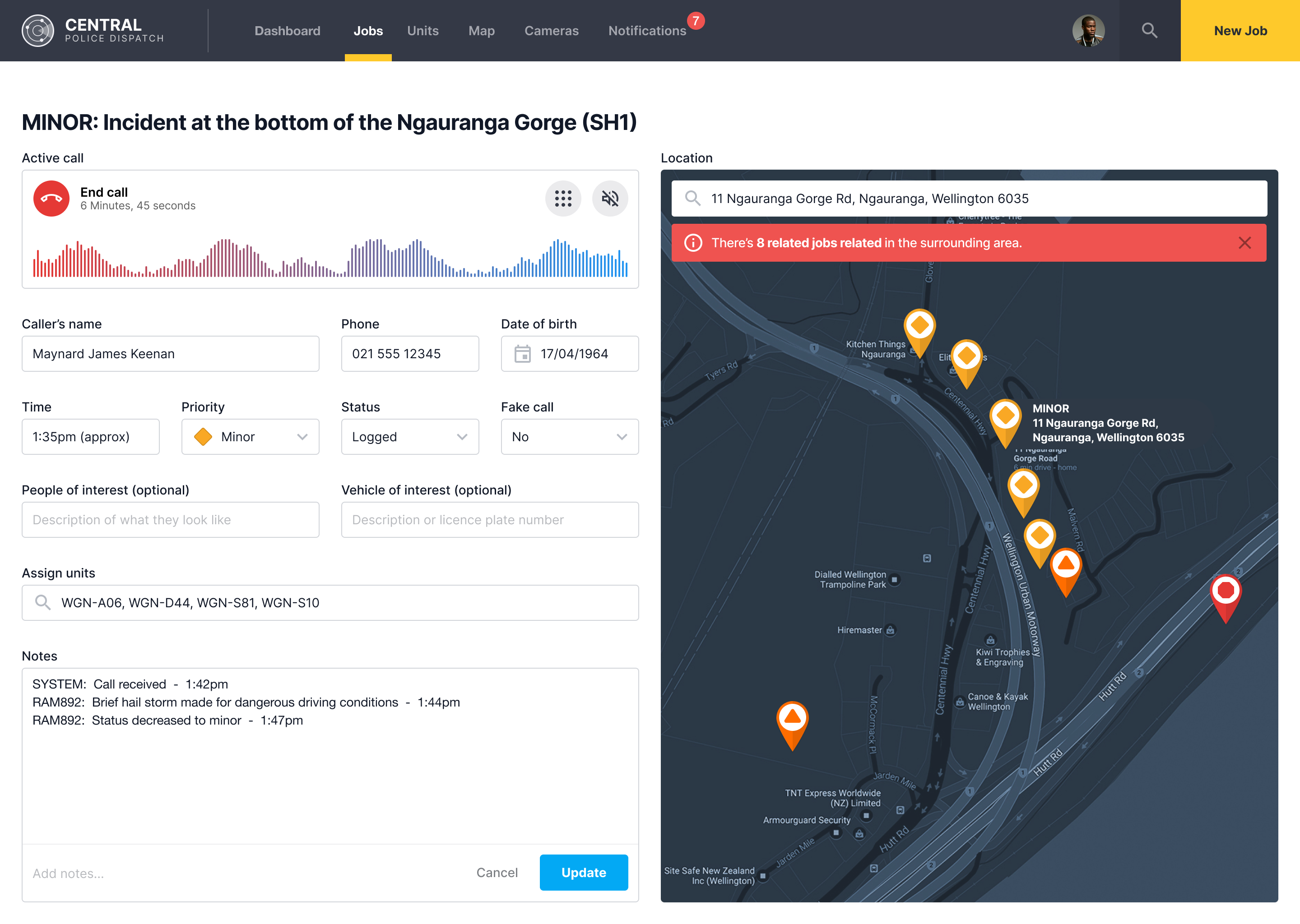 Police dispatch dashboard jobs with alerts